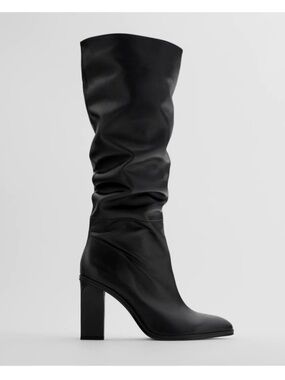 Zara Black Slouchy Leather Knee-High Block Heel Boots 40 US 9